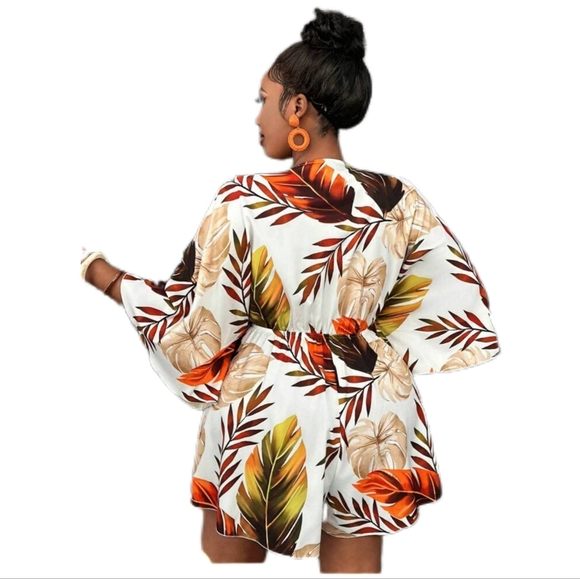 SHEIN Tropical Leaf Print Casual V-Neck Loose Fit Print Komono Style Romper 2XL - Picture 2 of 6